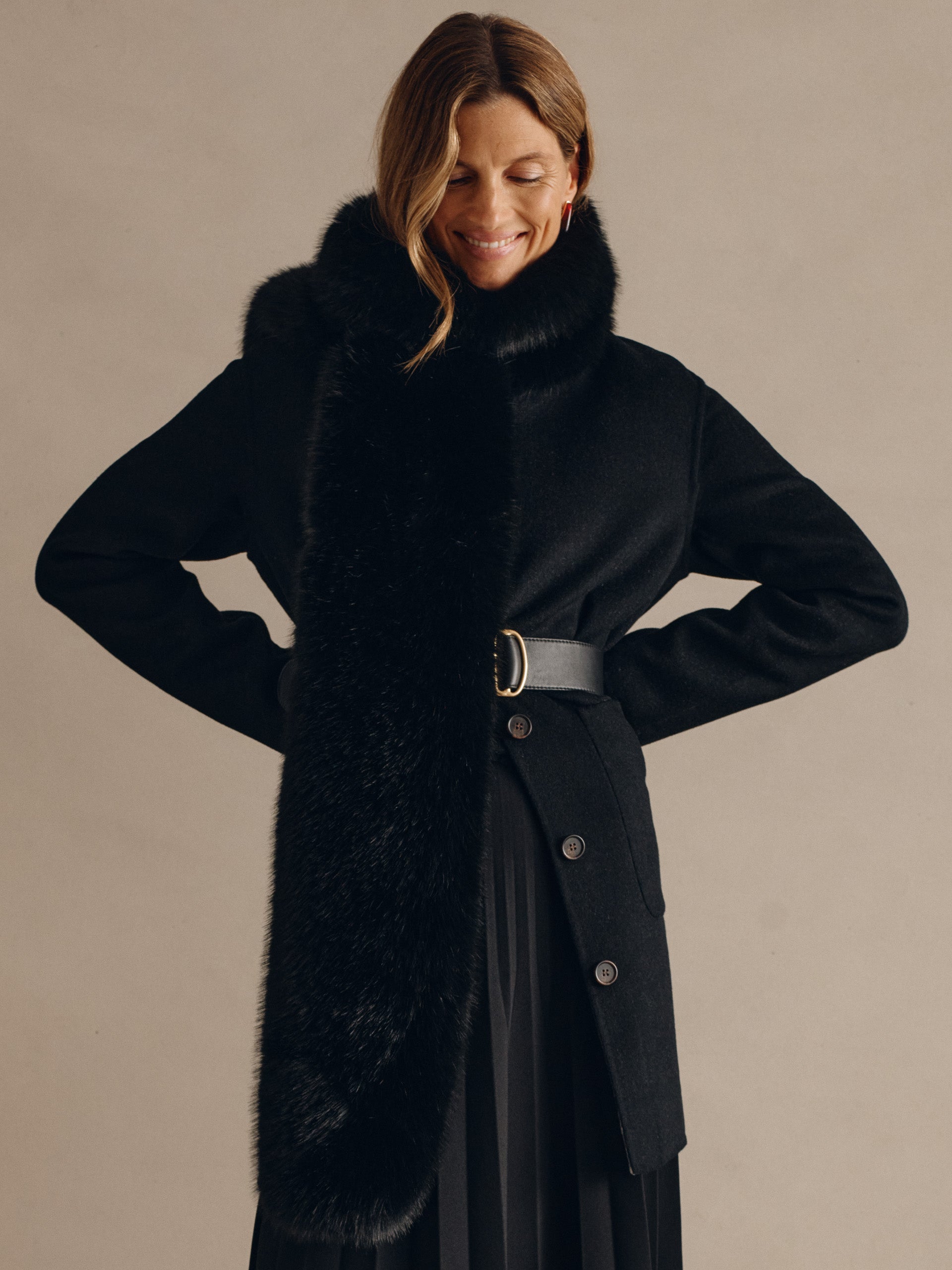 J.McLaughlin Tacey scarf in black made with faux fur. 