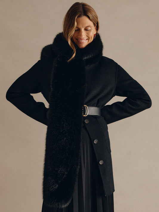 J.McLaughlin Tacey scarf in black made with faux fur. 