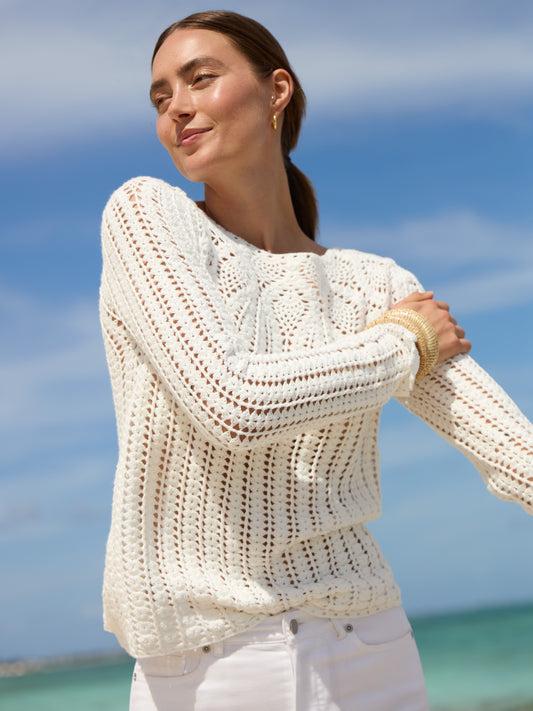 J.McLaughlin model wears Shellona Crochet Sweater in white made with cotton.