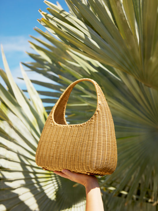 J.McLaughlin Santorini Top handle handbag in natural made with wicker.