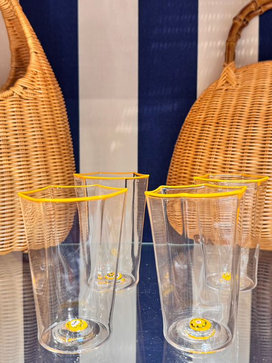 J.McLaughlin Hexagonal glasses in murrina yellow rim made with glass. 