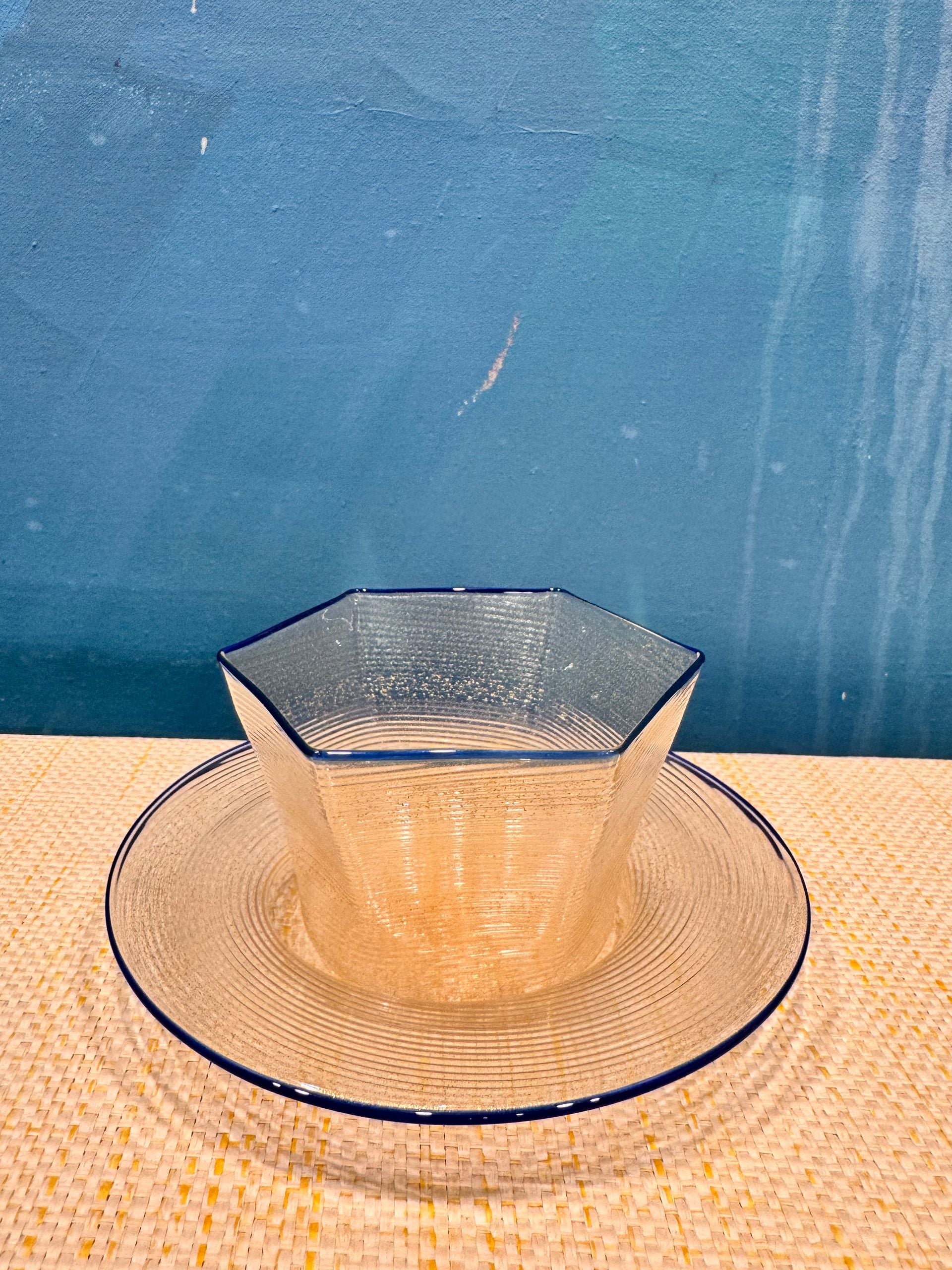 J.McLaughlin Hexagonal dessert plate in gold leaves blue rim made with glass. 