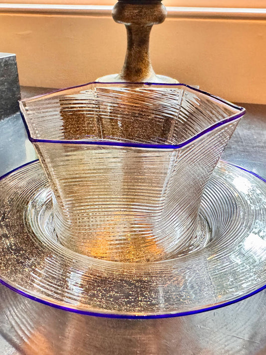 J.McLaughlin Hexagonal dessert bowl in gold leaves blue rim made with glass. 