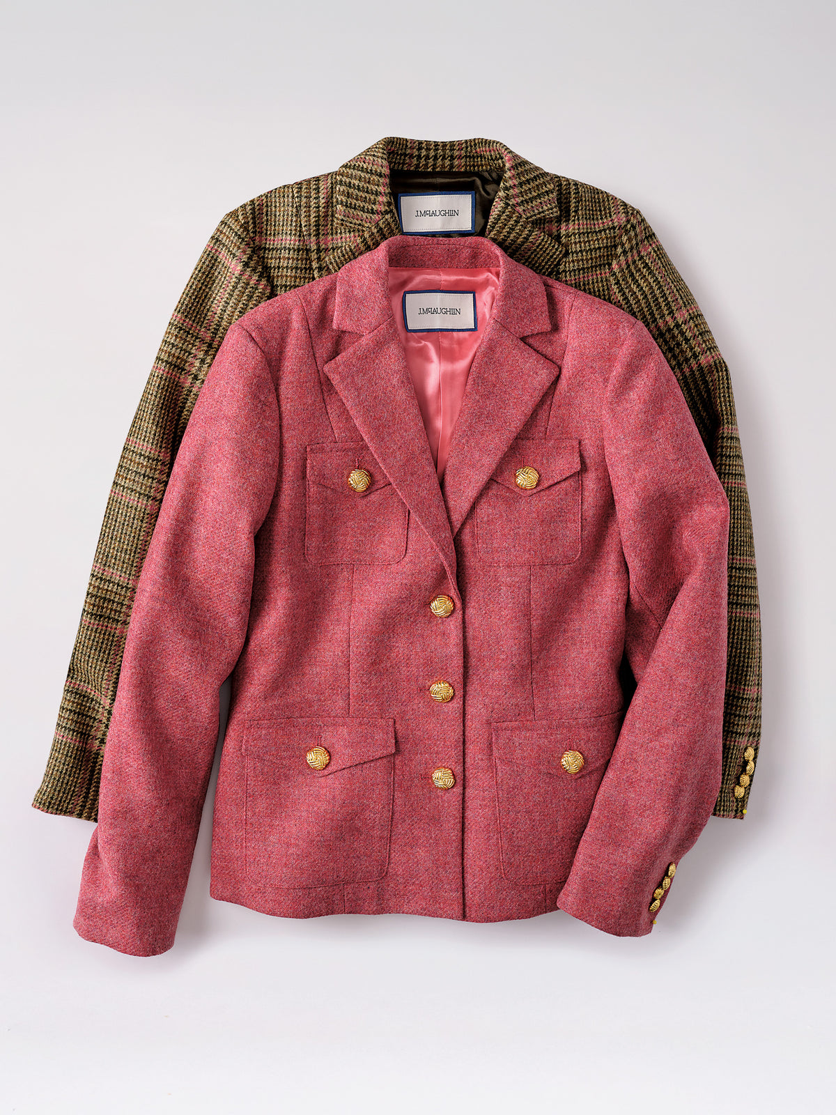 J.McLaughlin Anwen Jacket in textured pink wool layered over a classic plaid tweed jacket with tailored pockets and polished gold buttons