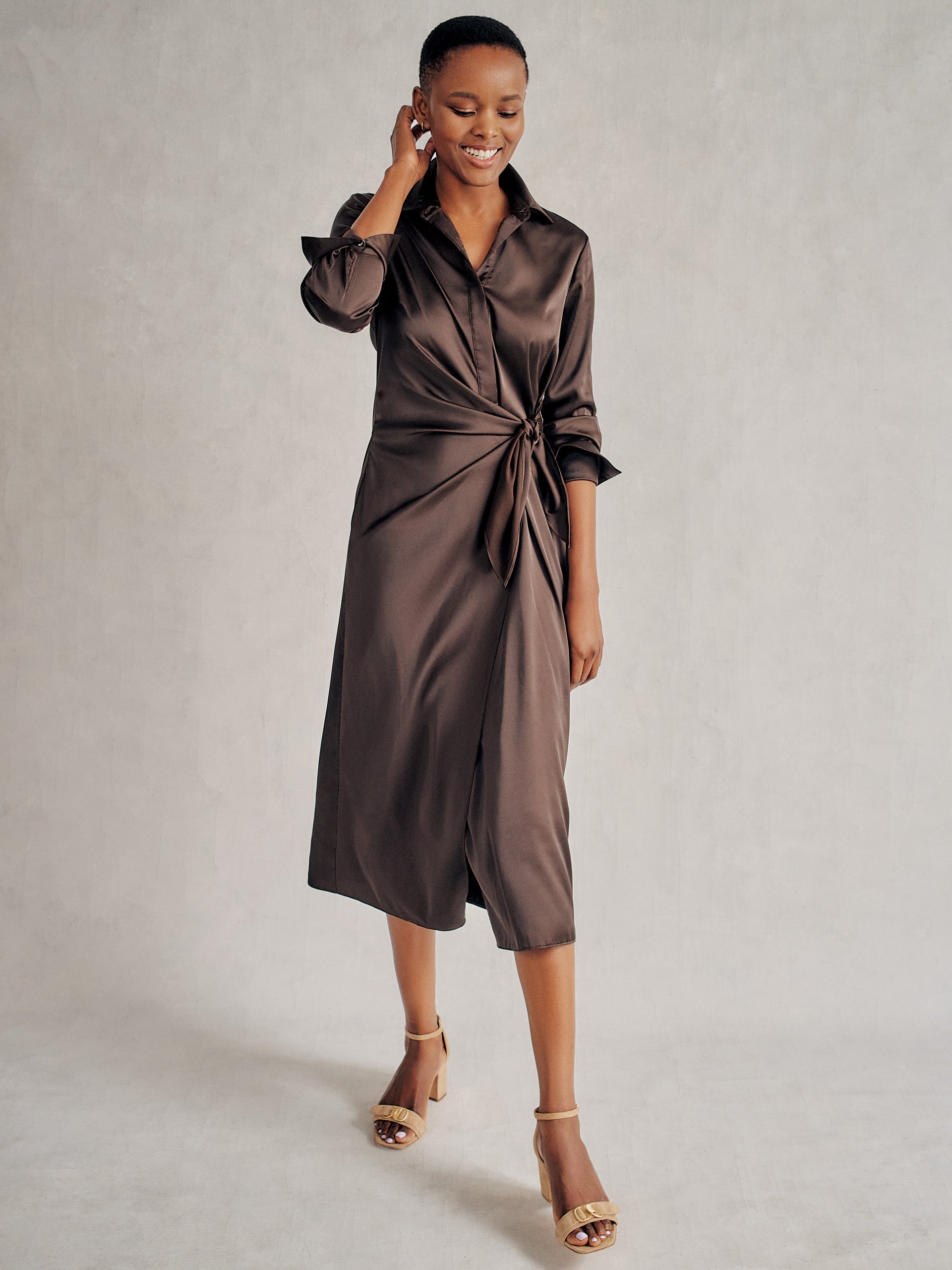 J.McLaughlin Leandra dress in dark chocolate made with satin.