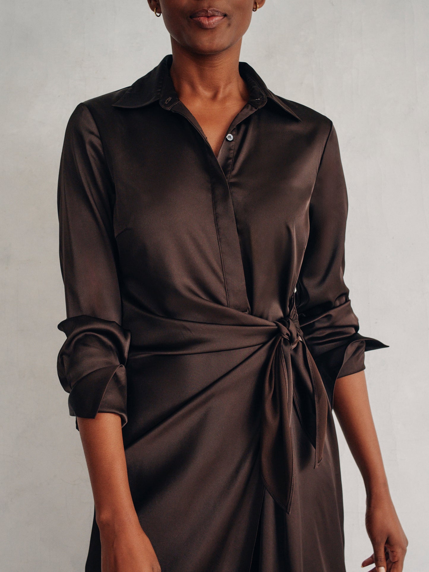 J.McLaughlin Leandra dress in dark chocolate made with satin.