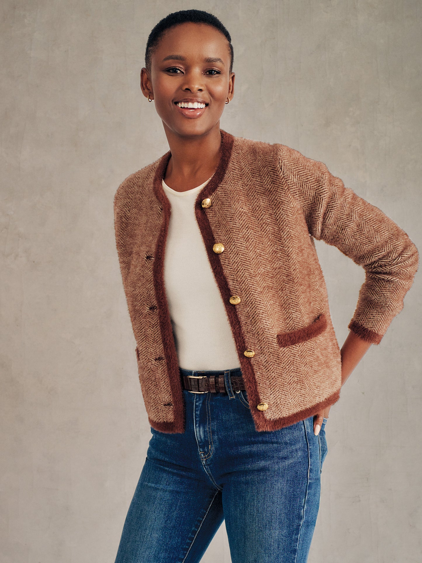 J.McLaughlin Inez cardigan in brown/white made with nylon.