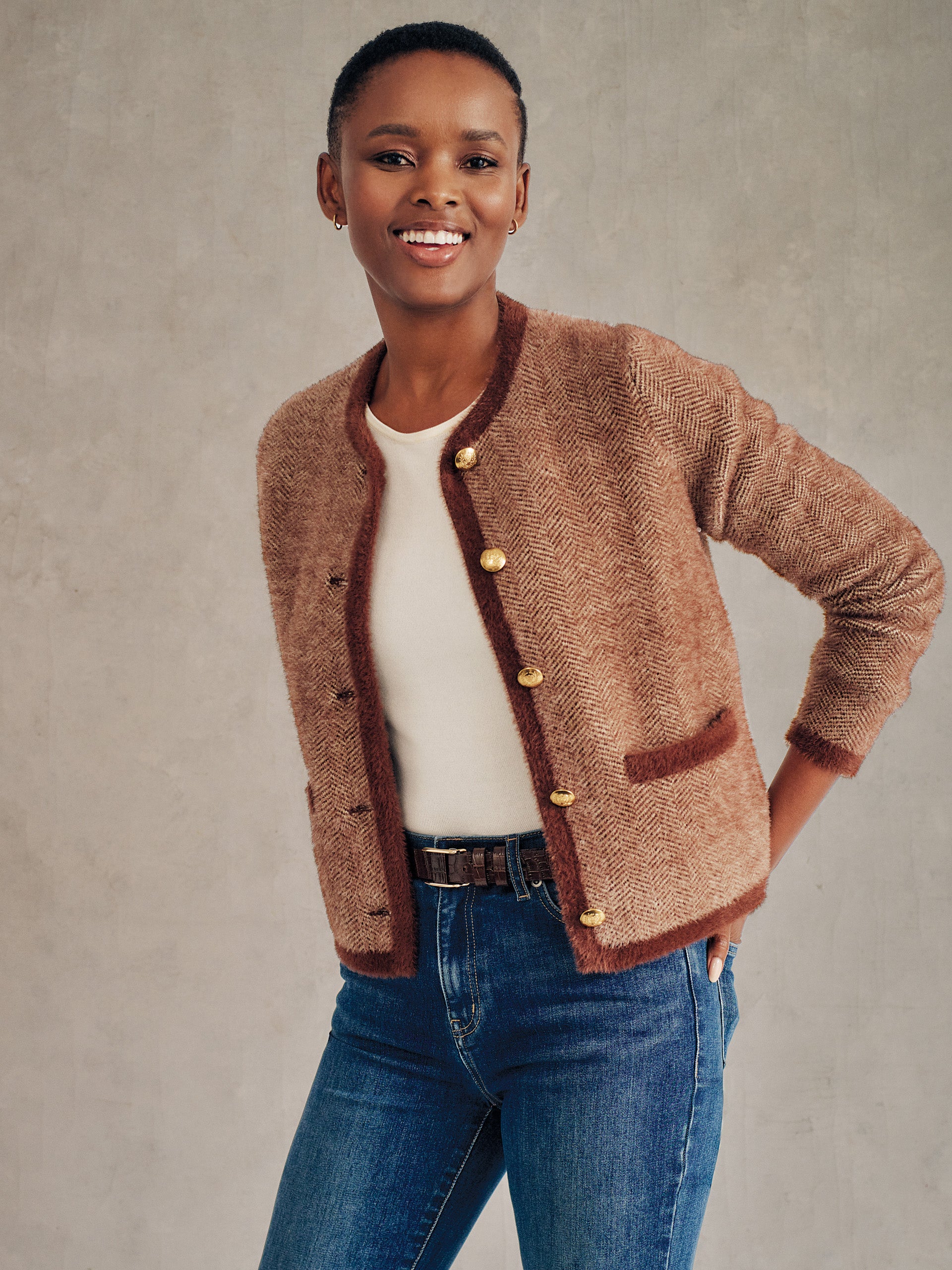 J.McLaughlin Inez cardigan in brown/white made with nylon.