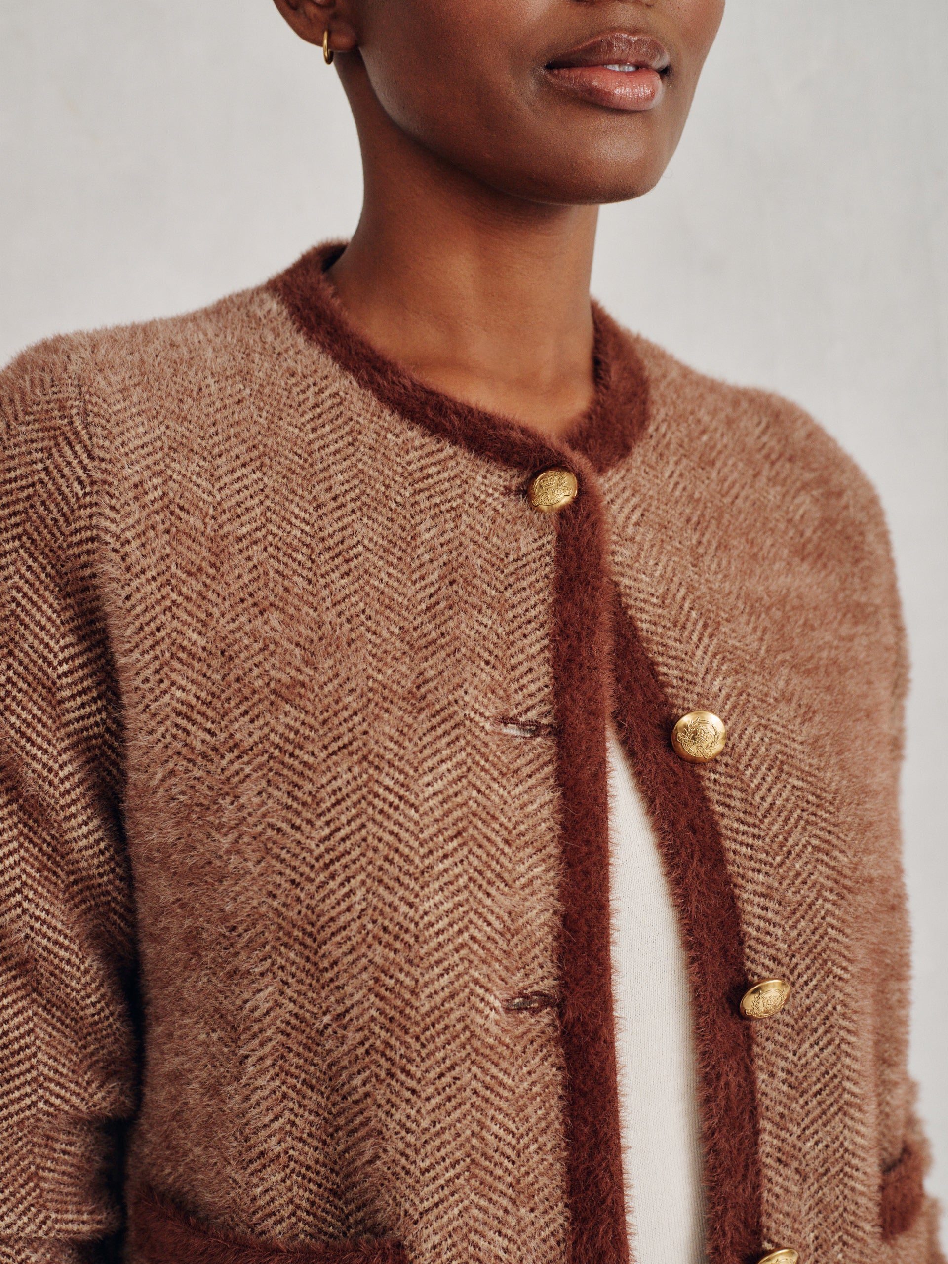 J.McLaughlin Inez cardigan in brown/white made with nylon.