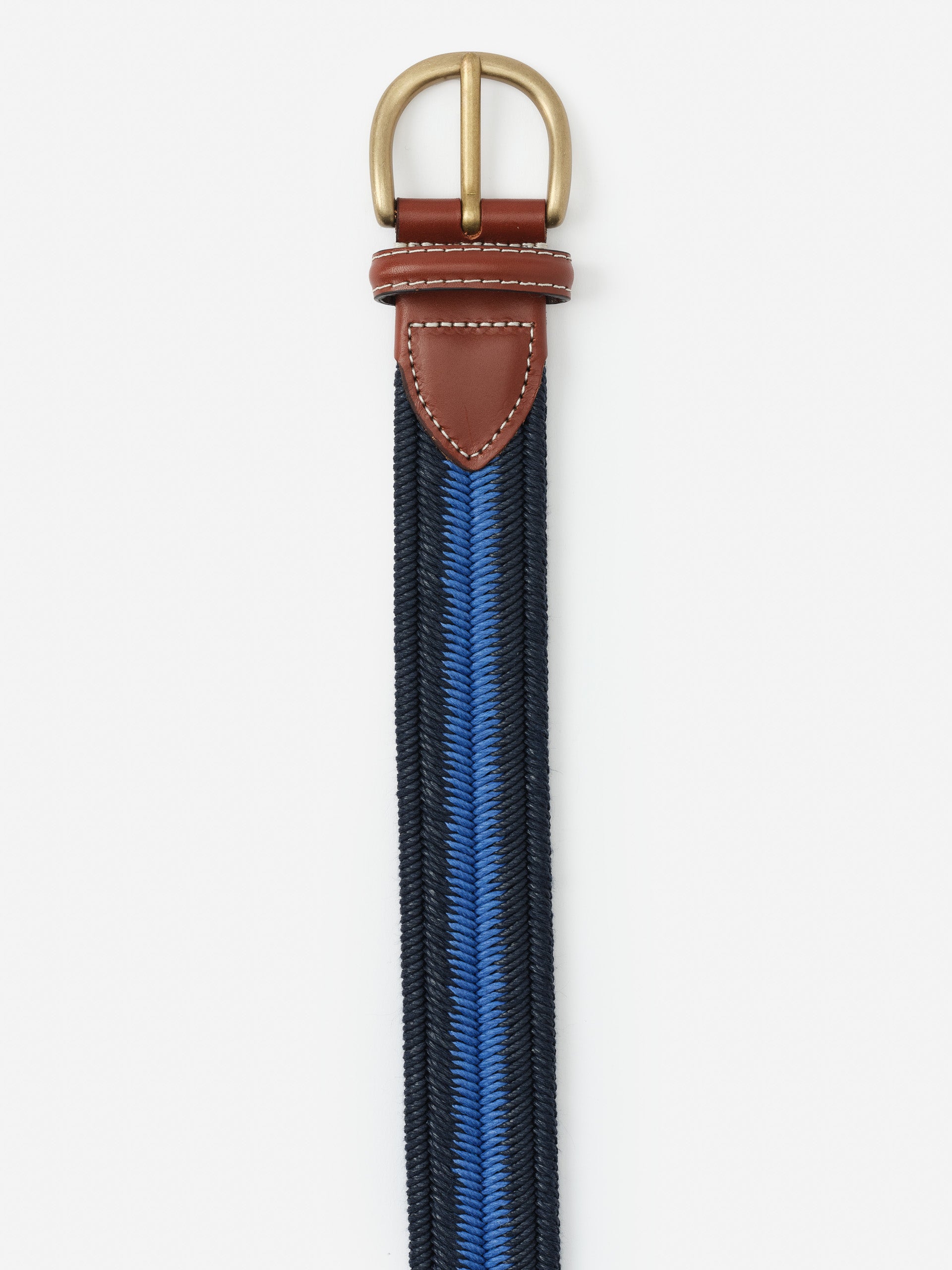 Ray Belt in Stripe by J.McLaughlin featuring a classic braided design in blue and navy with rich brown leather trim and a brushed gold buckle, perfect for timeless style.