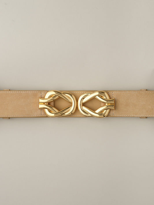 Eliza Suede Belt by J.McLaughlin in tan suede with an elegant interlocking gold buckle for timeless polished style