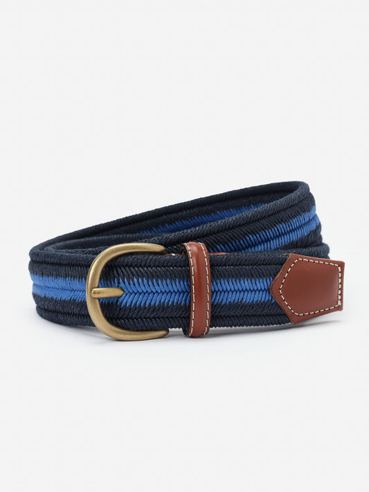 Ray Belt in Stripe by J.McLaughlin featuring navy and blue woven fabric with a brass buckle and brown leather accents, perfect for adding classic style to any outfit.