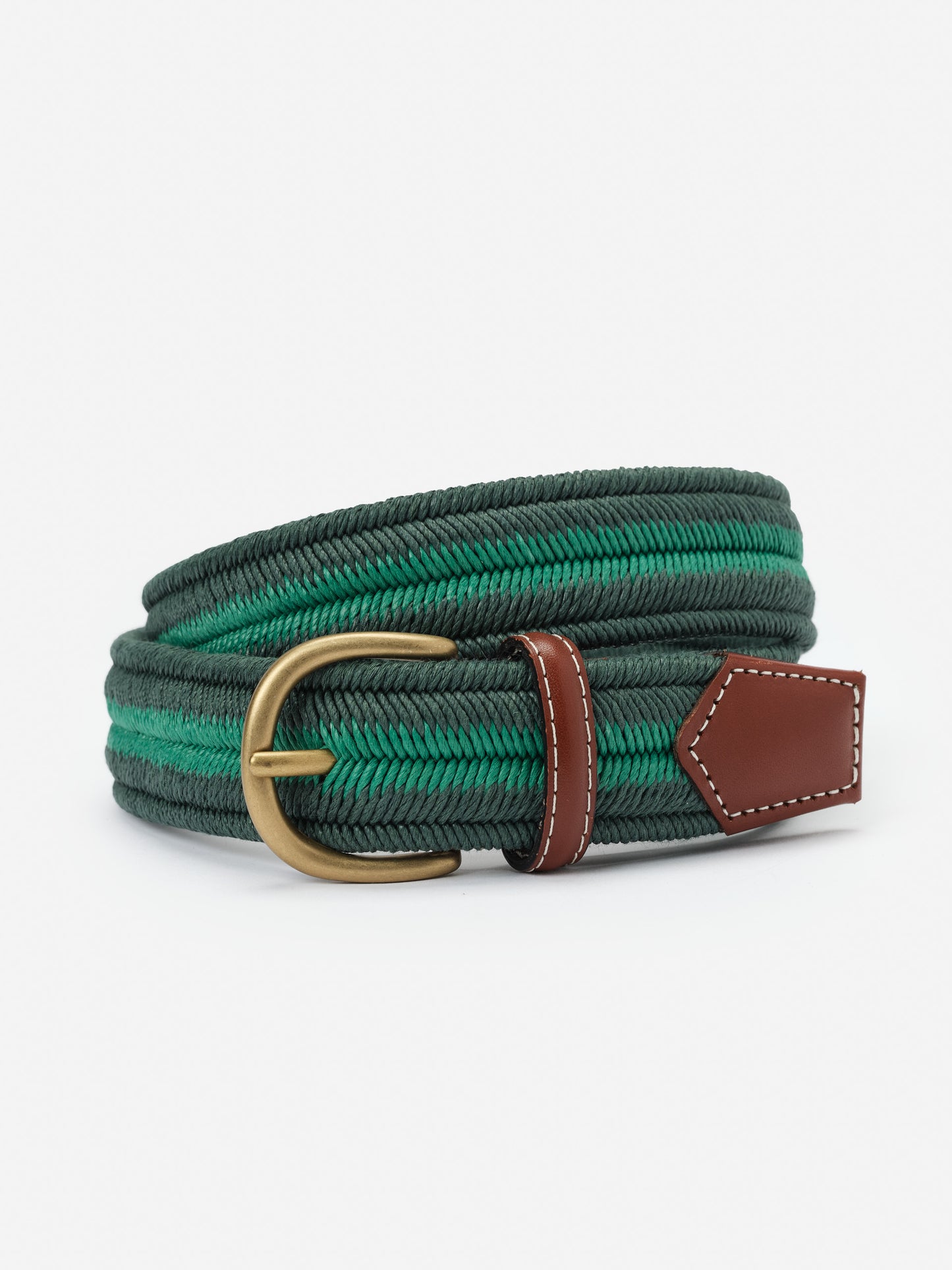 Ray Belt in Stripe by J.McLaughlin featuring green striped woven fabric with a brass buckle and brown leather accents, blending timeless style with craftsmanship.