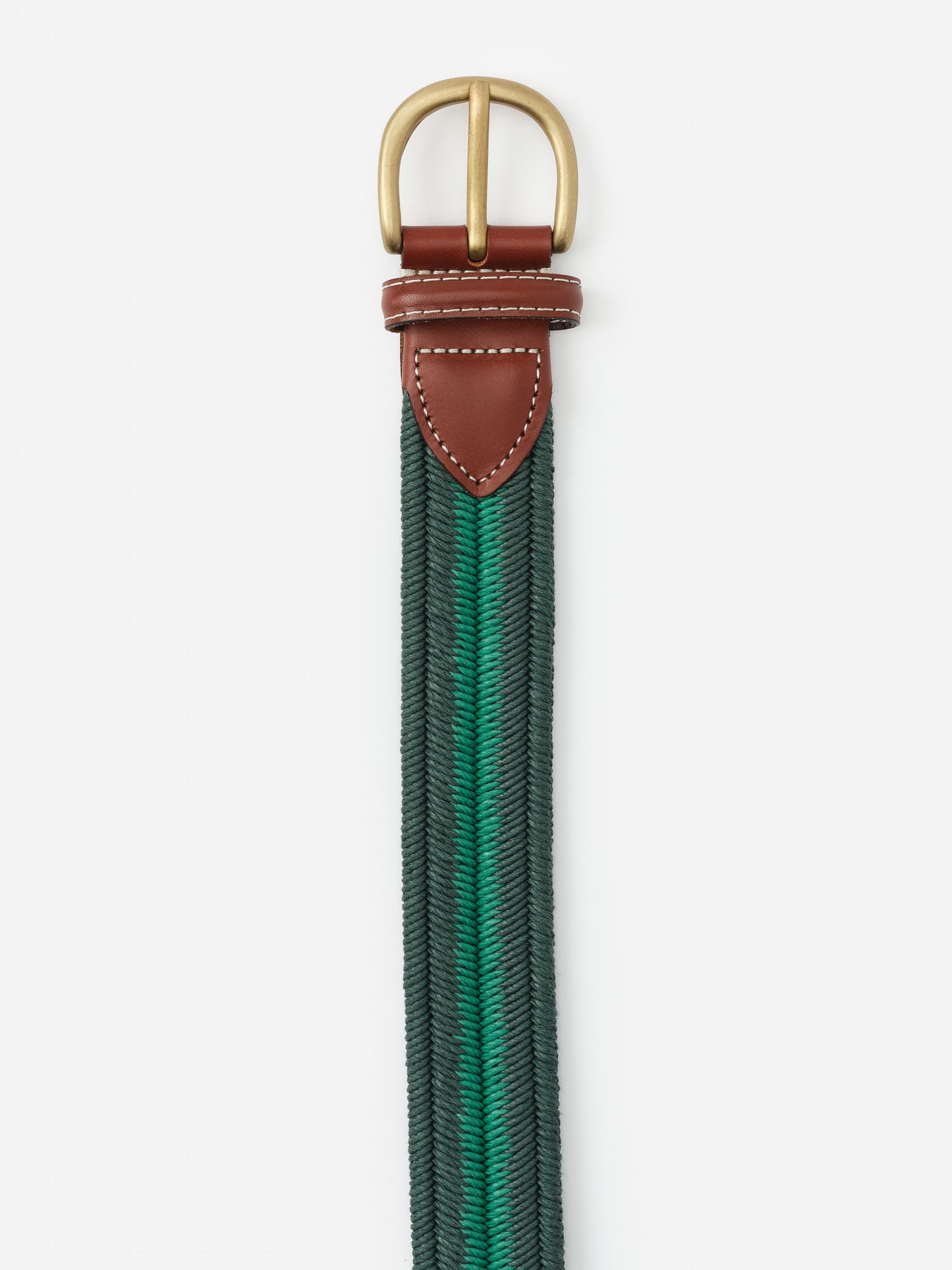 Ray Belt in Stripe featuring a woven green and black pattern with brown leather accents and a brass buckle, crafted by J.McLaughlin for timeless style and quality.