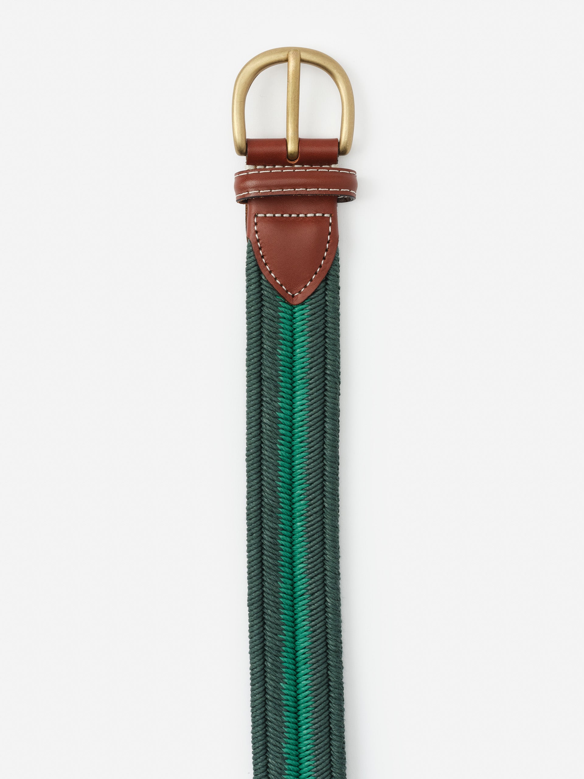 Ray Belt in Stripe featuring a woven green and black pattern with brown leather accents and a brass buckle, crafted by J.McLaughlin for timeless style and quality.
