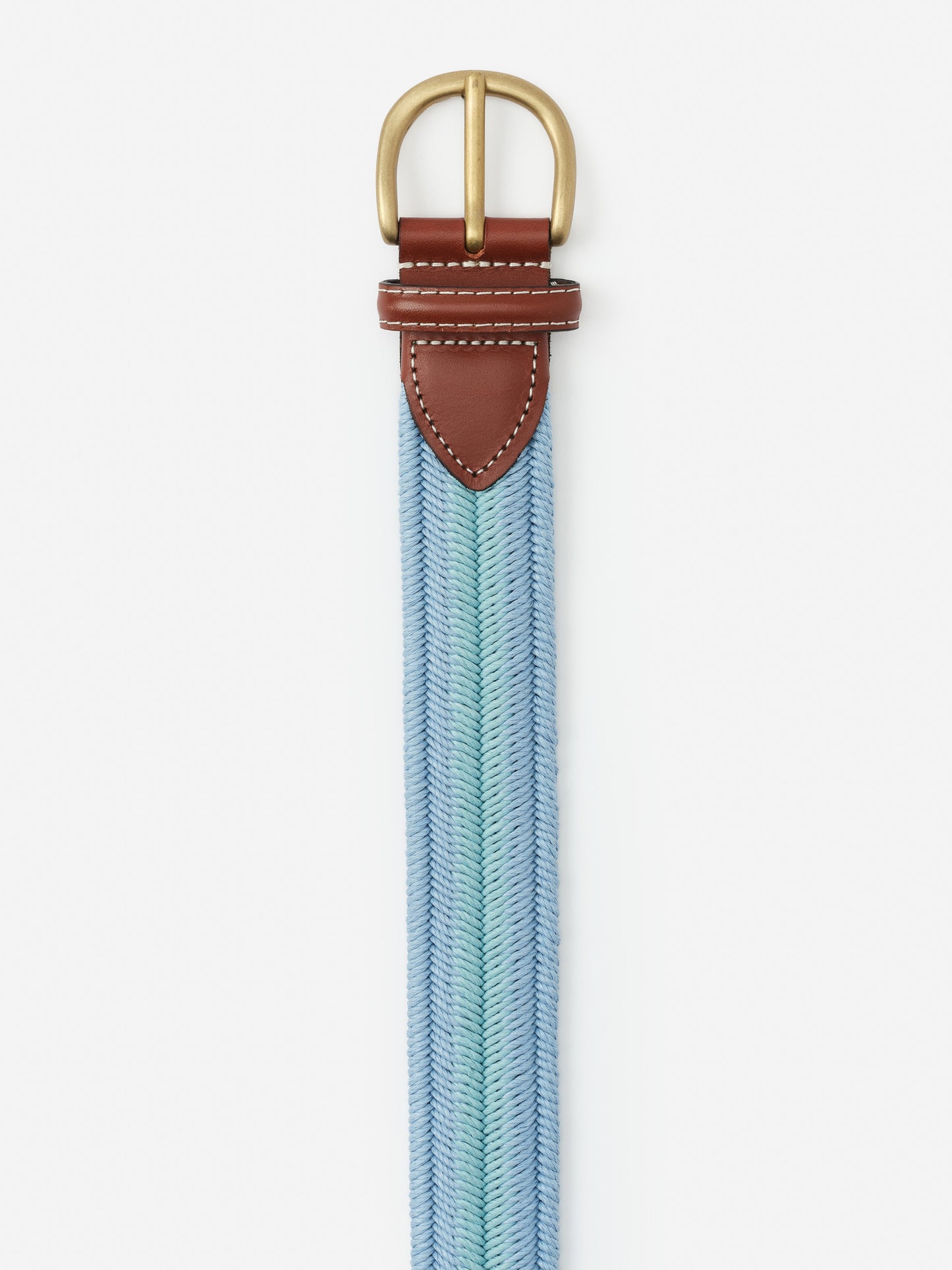 Ray Belt in Stripe by J.McLaughlin featuring a woven blue and green striped fabric with brown leather trim and a classic brass buckle, perfect for timeless style.