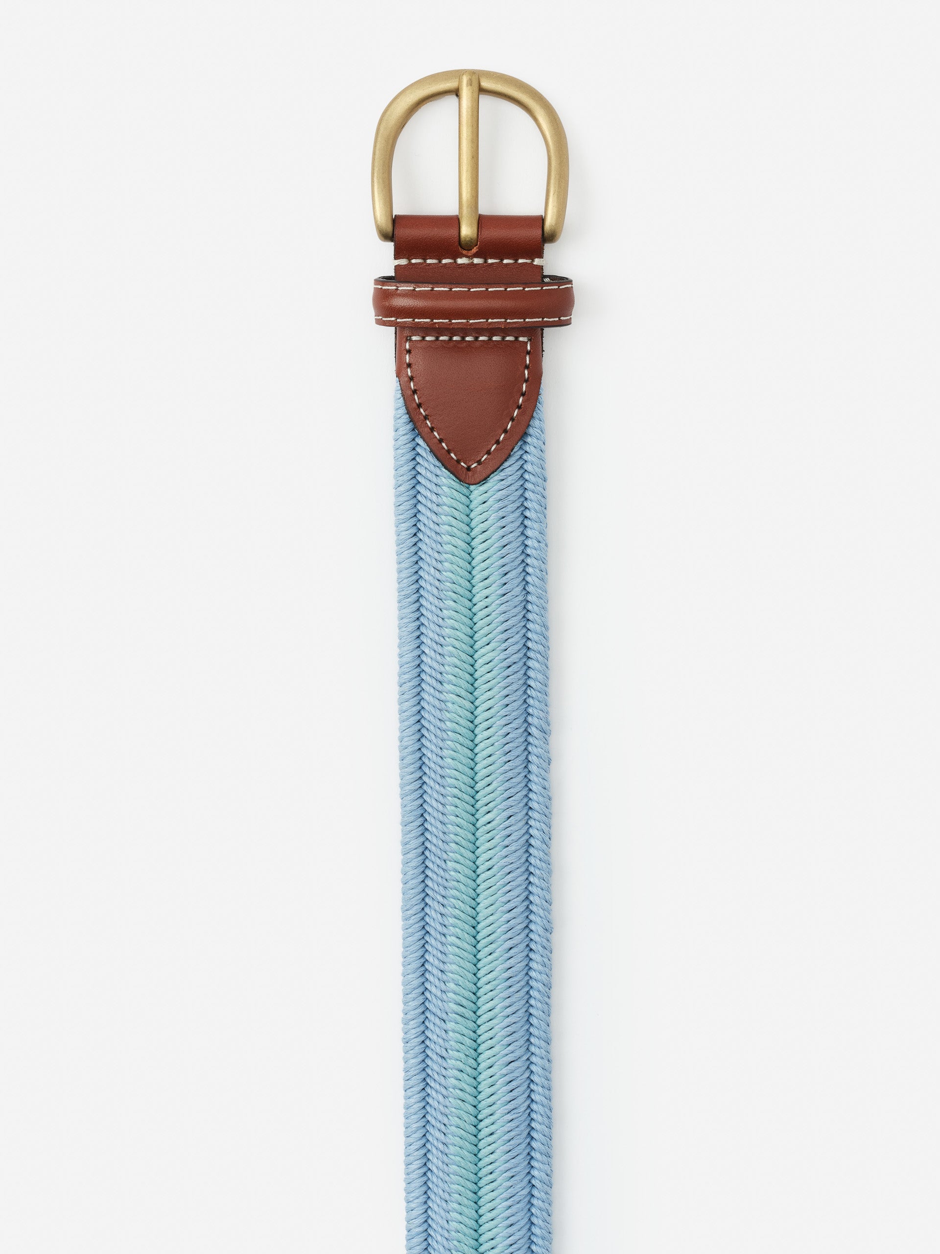 Ray Belt in Stripe by J.McLaughlin featuring a woven blue and green striped fabric with brown leather trim and a classic brass buckle, perfect for timeless style.