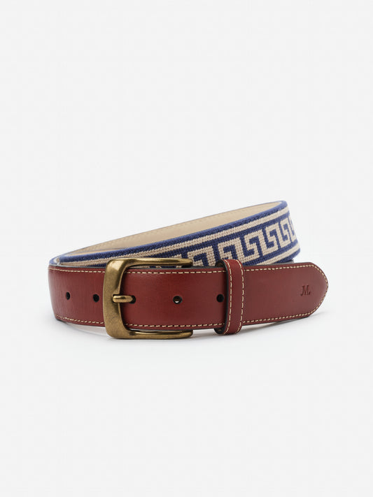 Needlepoint Belt in Greek Key featuring a classic blue and white pattern with a rich brown leather strap and brass buckle, crafted by J.McLaughlin for timeless style.