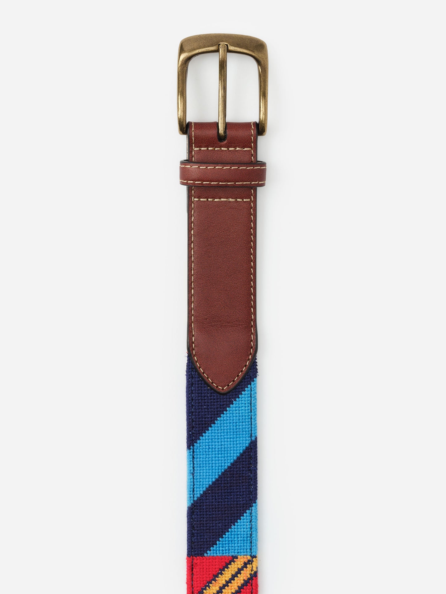 Needlepoint Belt in Stripe by J.McLaughlin featuring a brass buckle, brown leather trim, and a colorful striped woven design for a timeless and classic style.