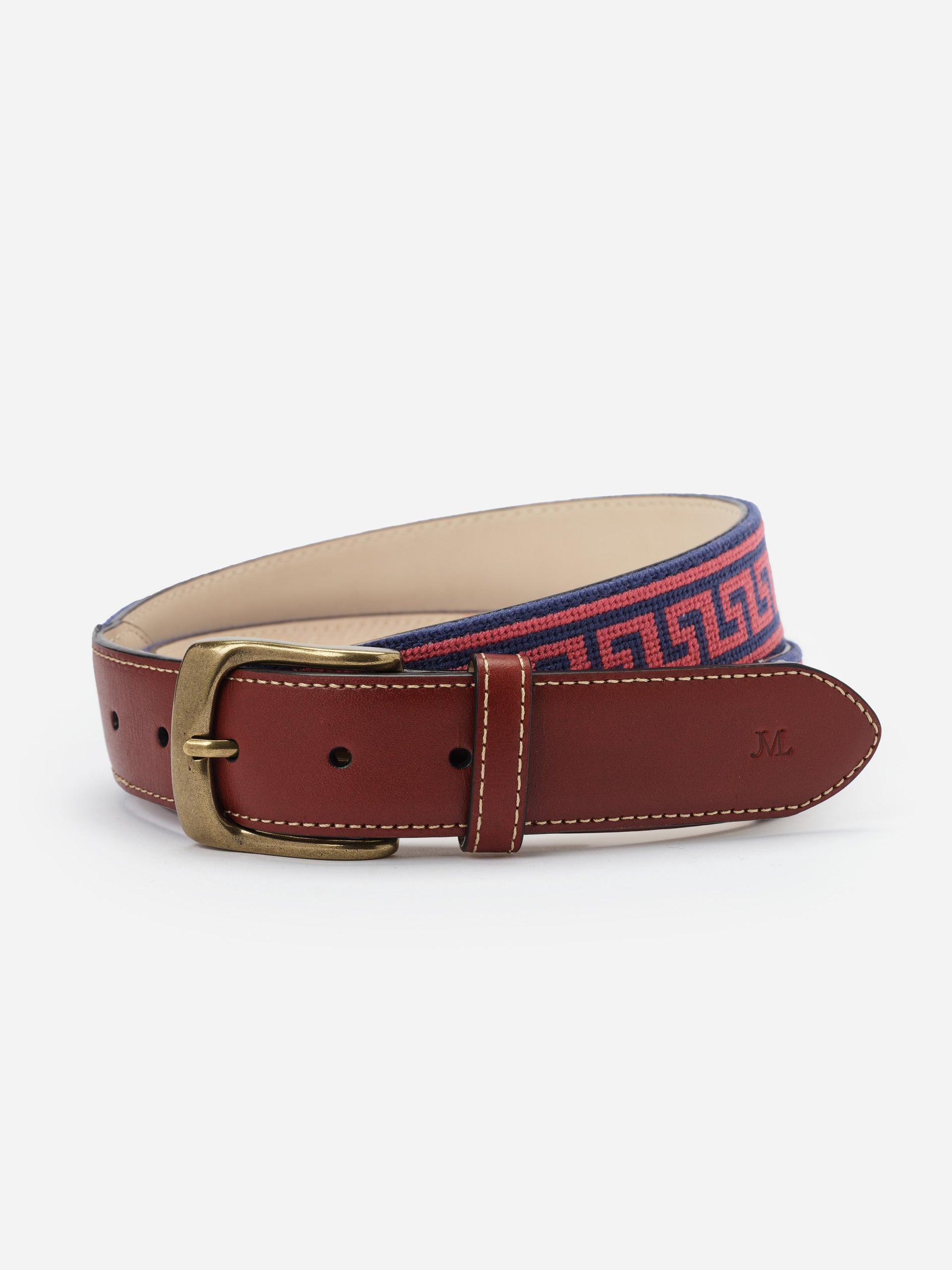 Needlepoint Belt in Greek Key by J.McLaughlin featuring a navy and red intricate Greek key pattern with rich brown leather trim and a brass buckle for a timeless style.