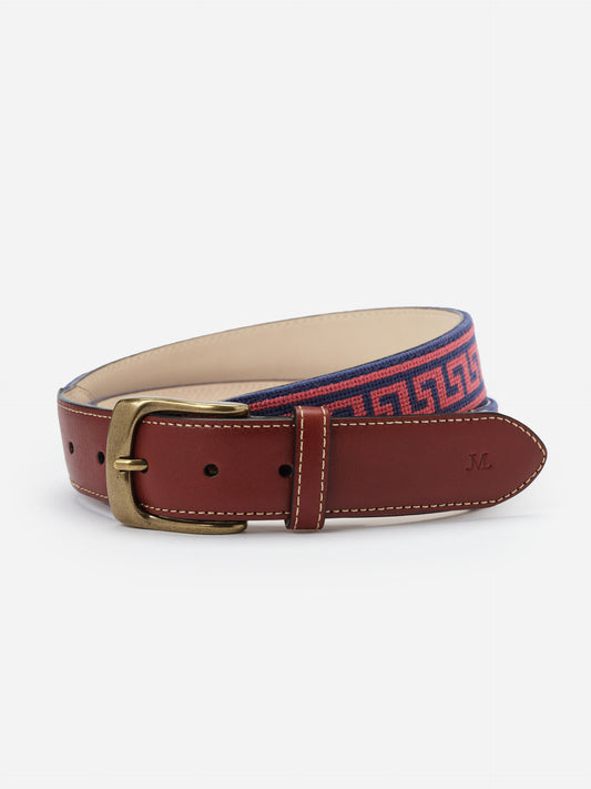 Needlepoint Belt in Greek Key by J.McLaughlin featuring a navy and red intricate Greek key pattern with rich brown leather trim and a brass buckle for a timeless style.