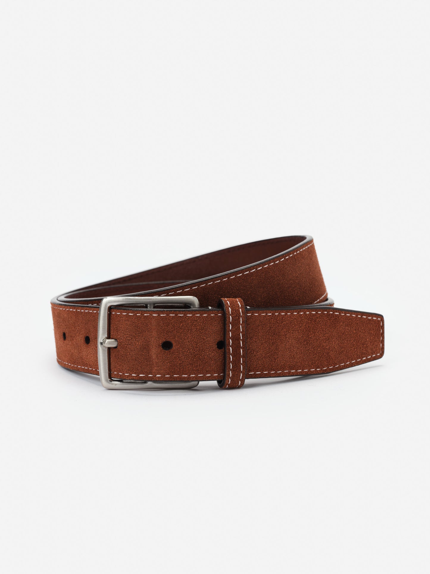 Suede Belt from J.McLaughlin in rich brown suede with white stitching and silver buckle, showcasing effortlessly stylish, enduring designs for a destination for defining style. Life, Well-Lived.