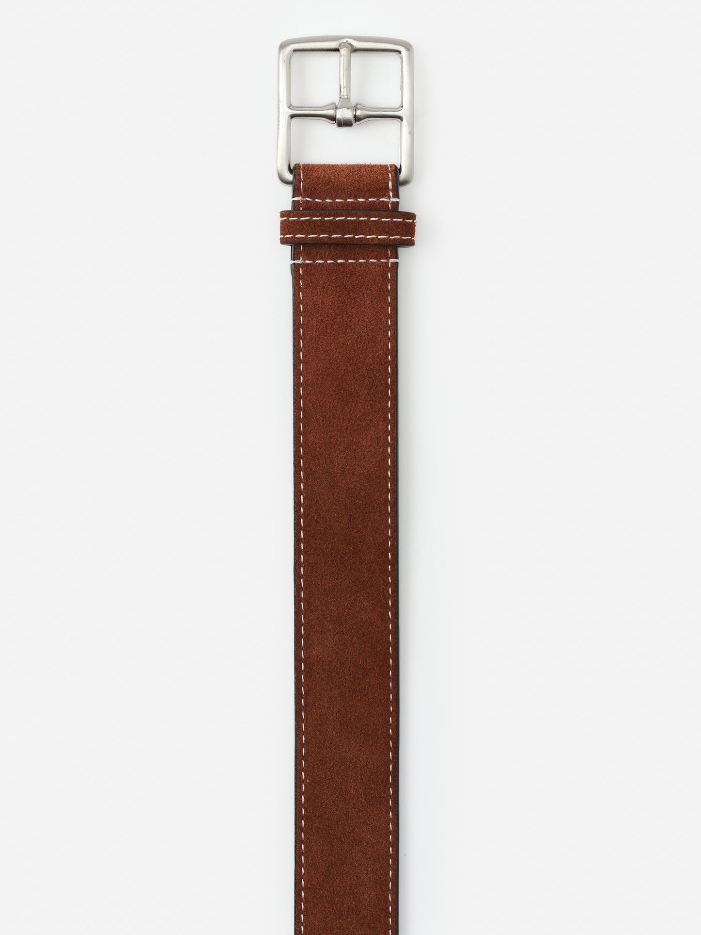 Brown suede belt with silver buckle by J.McLaughlin, showcasing effortlessly stylish craftsmanship and enduring design from a destination for defining style. Life, Well-Lived.