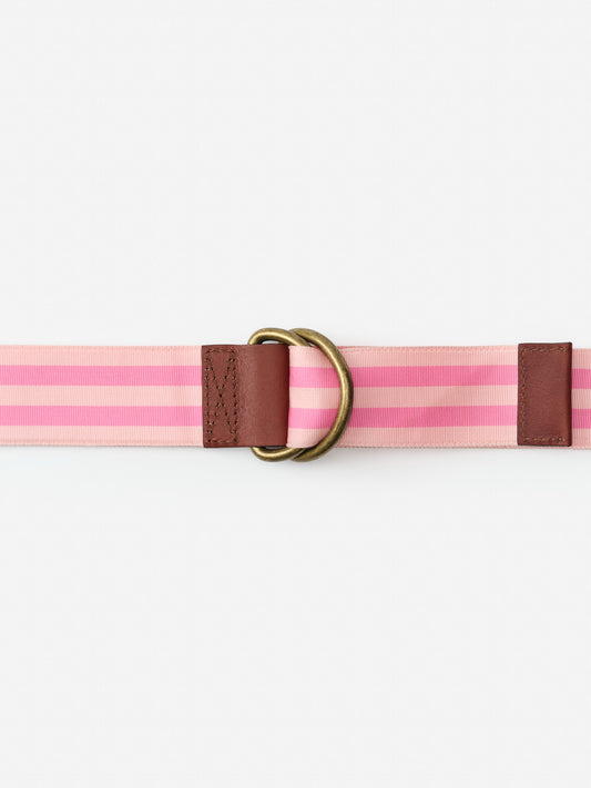 Ribbon Belt in Stripe featuring pink stripes and brown leather accents with brass hardware, embodying J.McLaughlin’s effortlessly stylish, enduring designs for a life well-lived.