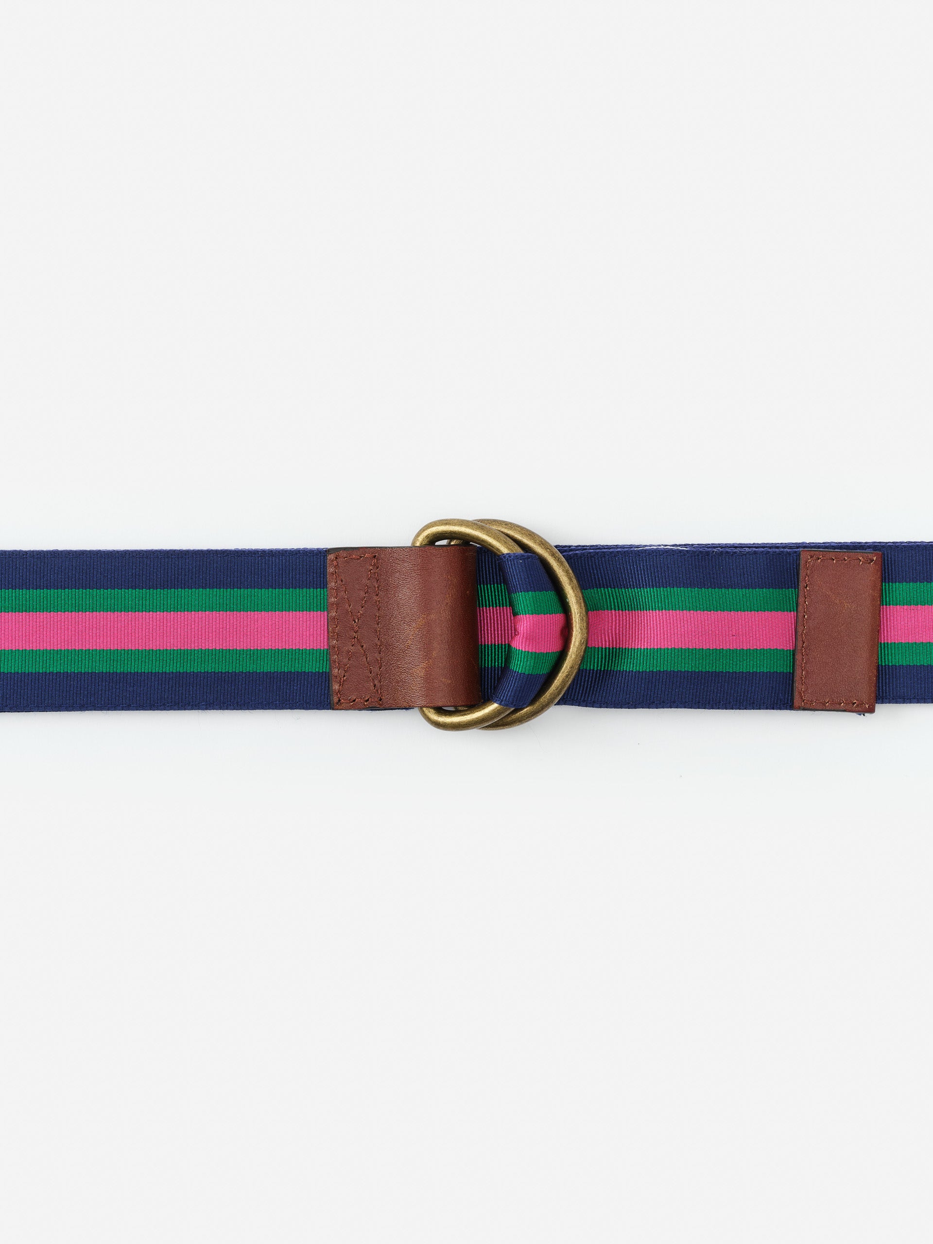 Ribbon Belt in Stripe by J.McLaughlin featuring navy, green, and pink stripes with brown leather accents and brass buckle, combining innovative fabrics with enduring designs.