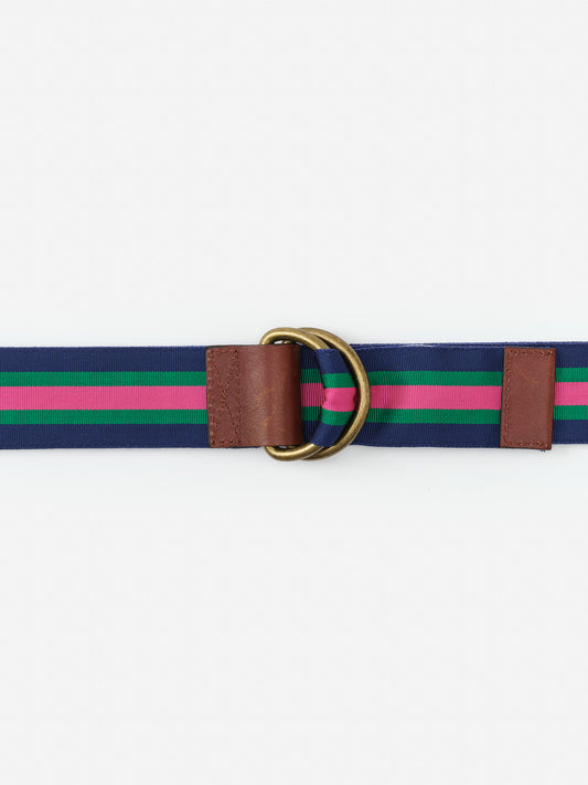 Ribbon Belt in Stripe by J.McLaughlin featuring navy, green, and pink stripes with brown leather accents and brass buckle, combining innovative fabrics with enduring designs.