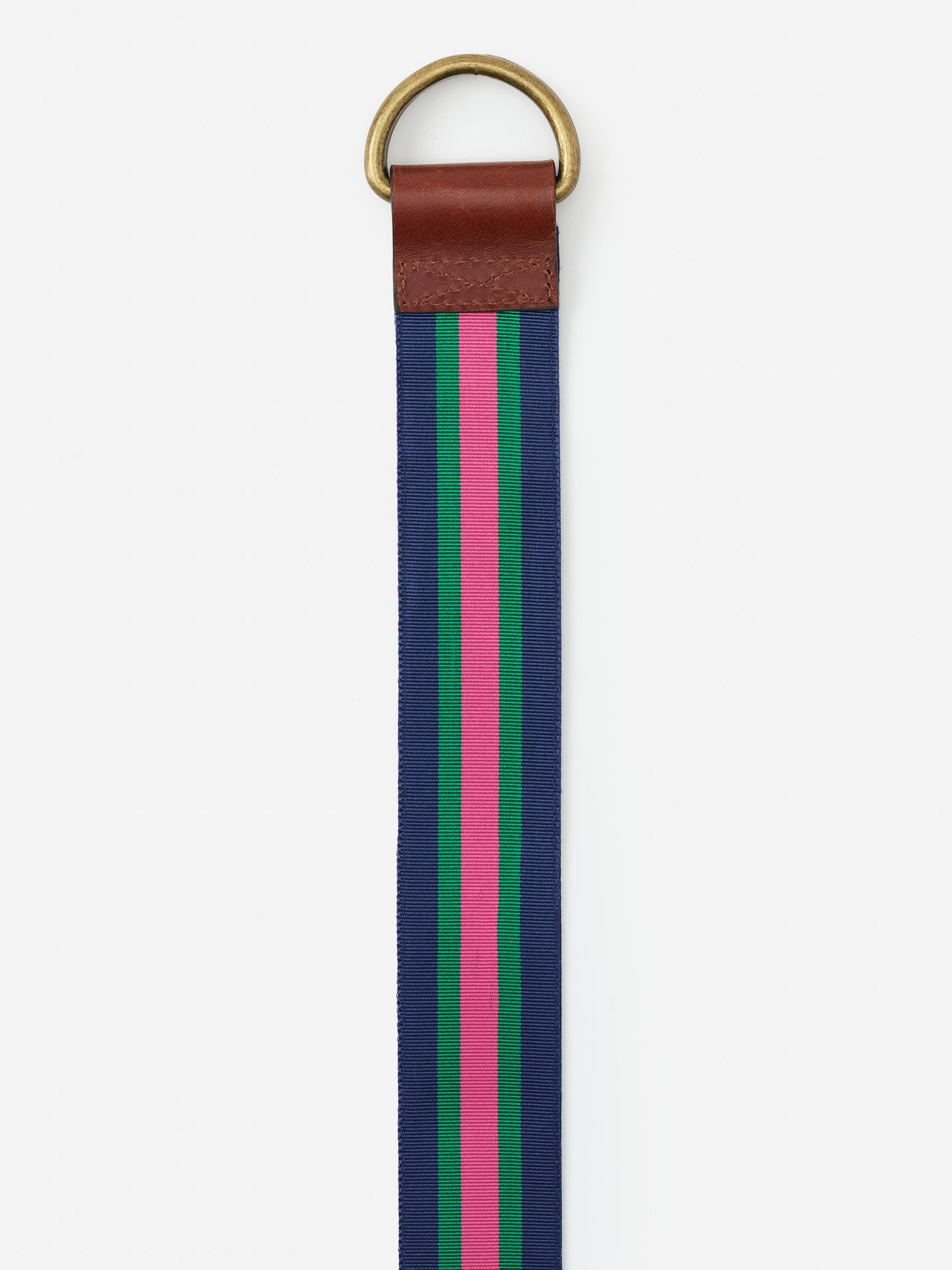 Ribbon Belt in Stripe featuring a striped pattern in navy, green, and pink with leather detailing and a brass-tone ring buckle by J.McLaughlin, effortlessly stylish with enduring designs.