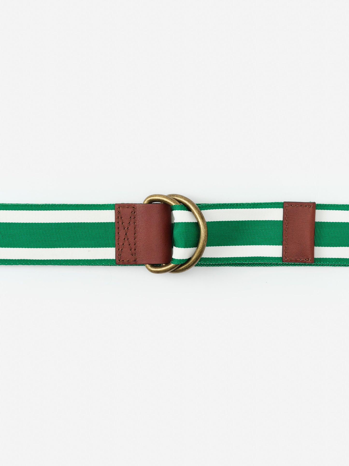 Ribbon Belt in Stripe by J.McLaughlin features green and white stripes with brown leather accents and brass rings, showcasing effortlessly stylish, enduring designs for a life well-lived.