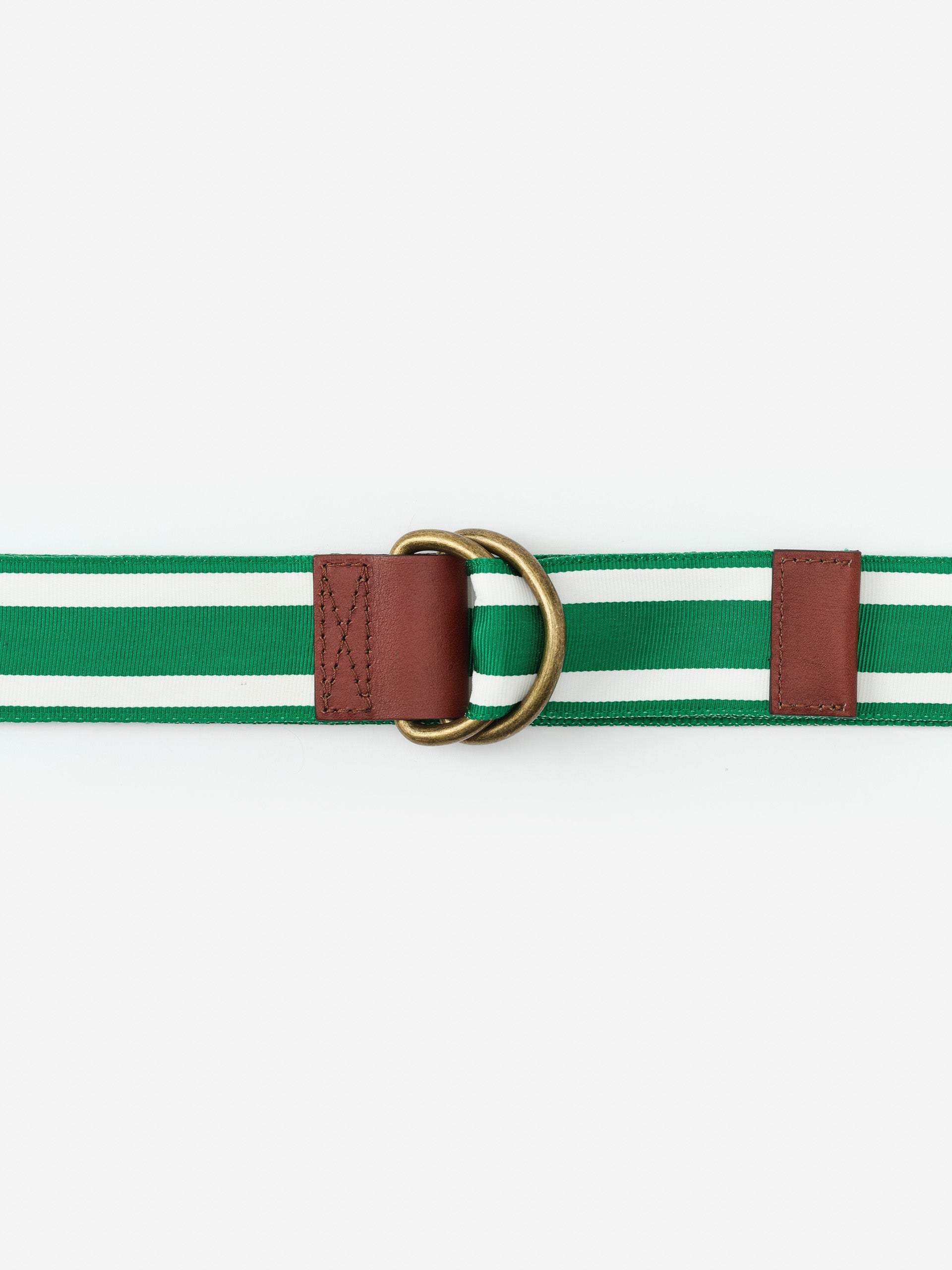 Ribbon Belt in Stripe by J.McLaughlin features green and white stripes with brown leather accents and brass rings, showcasing effortlessly stylish, enduring designs for a life well-lived.