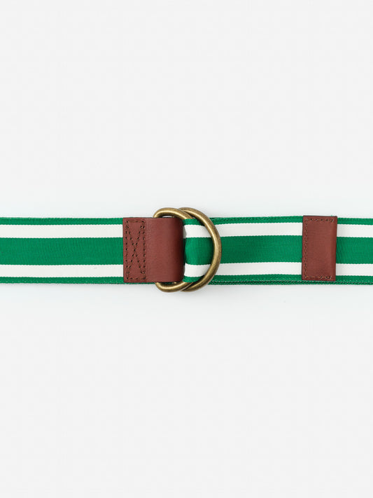 Ribbon Belt in Stripe by J.McLaughlin features green and white stripes with brown leather accents and brass rings, showcasing effortlessly stylish, enduring designs for a life well-lived.