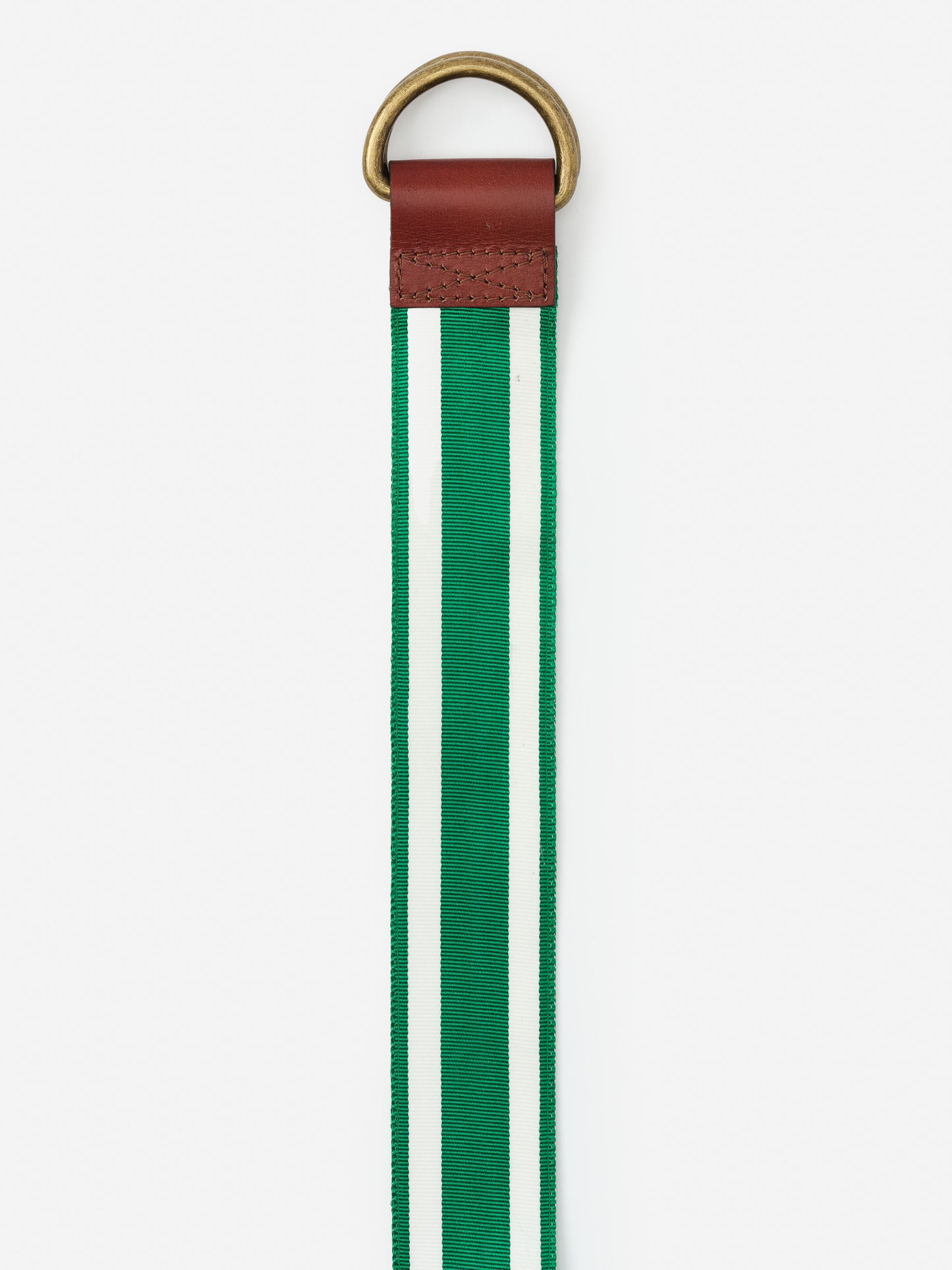 Ribbon Belt in Stripe featuring green and white stripes with brown leather and brass D-ring buckle, a J.McLaughlin accessory blending effortlessly stylish and enduring designs from a legacy of timeless fashion. A destination for defining style. Life, Well-Lived.