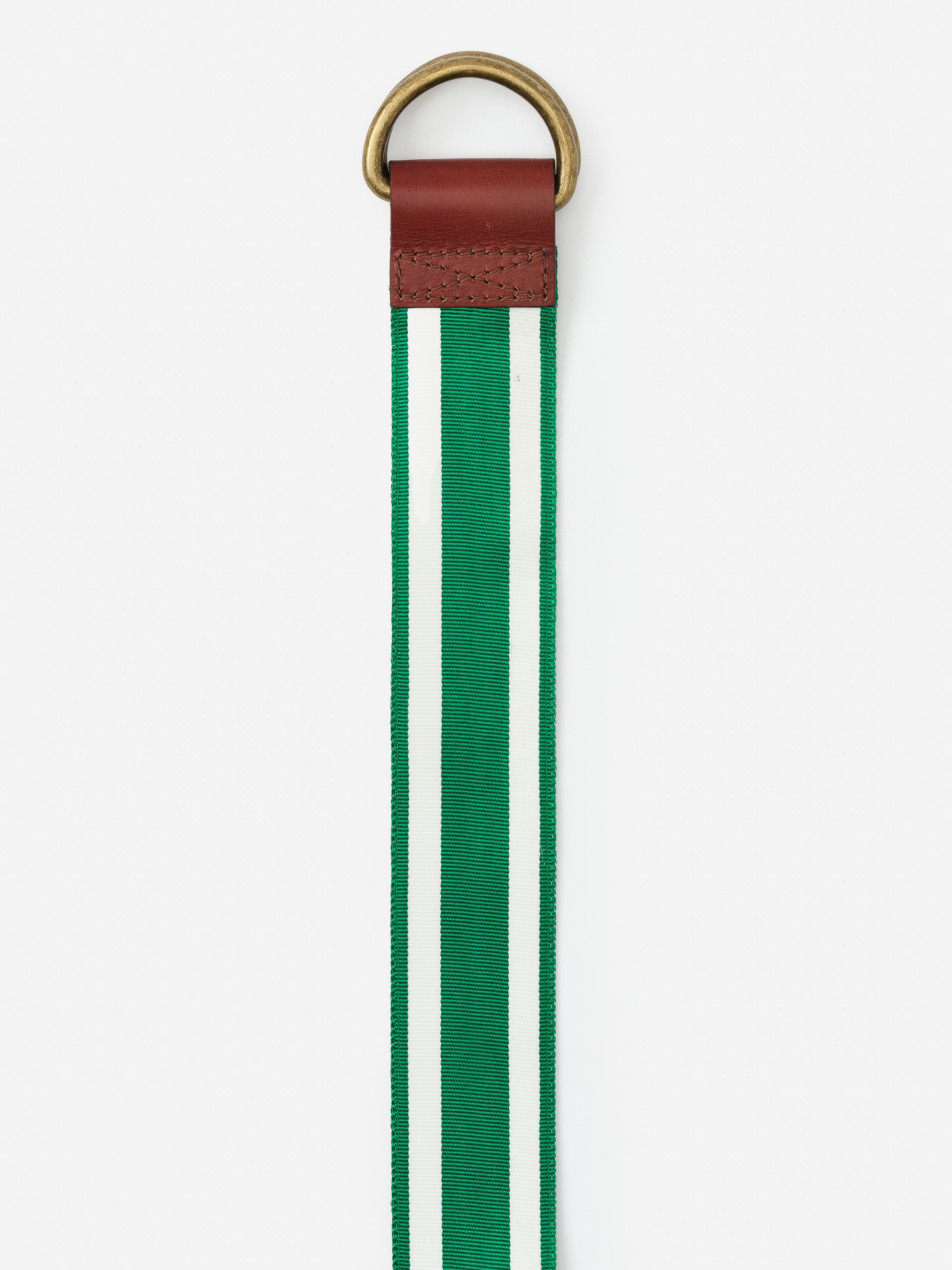 Ribbon Belt in Stripe featuring green and white stripes with brown leather and brass D-ring buckle, a J.McLaughlin accessory blending effortlessly stylish and enduring designs from a legacy of timeless fashion. A destination for defining style. Life, Well-Lived.