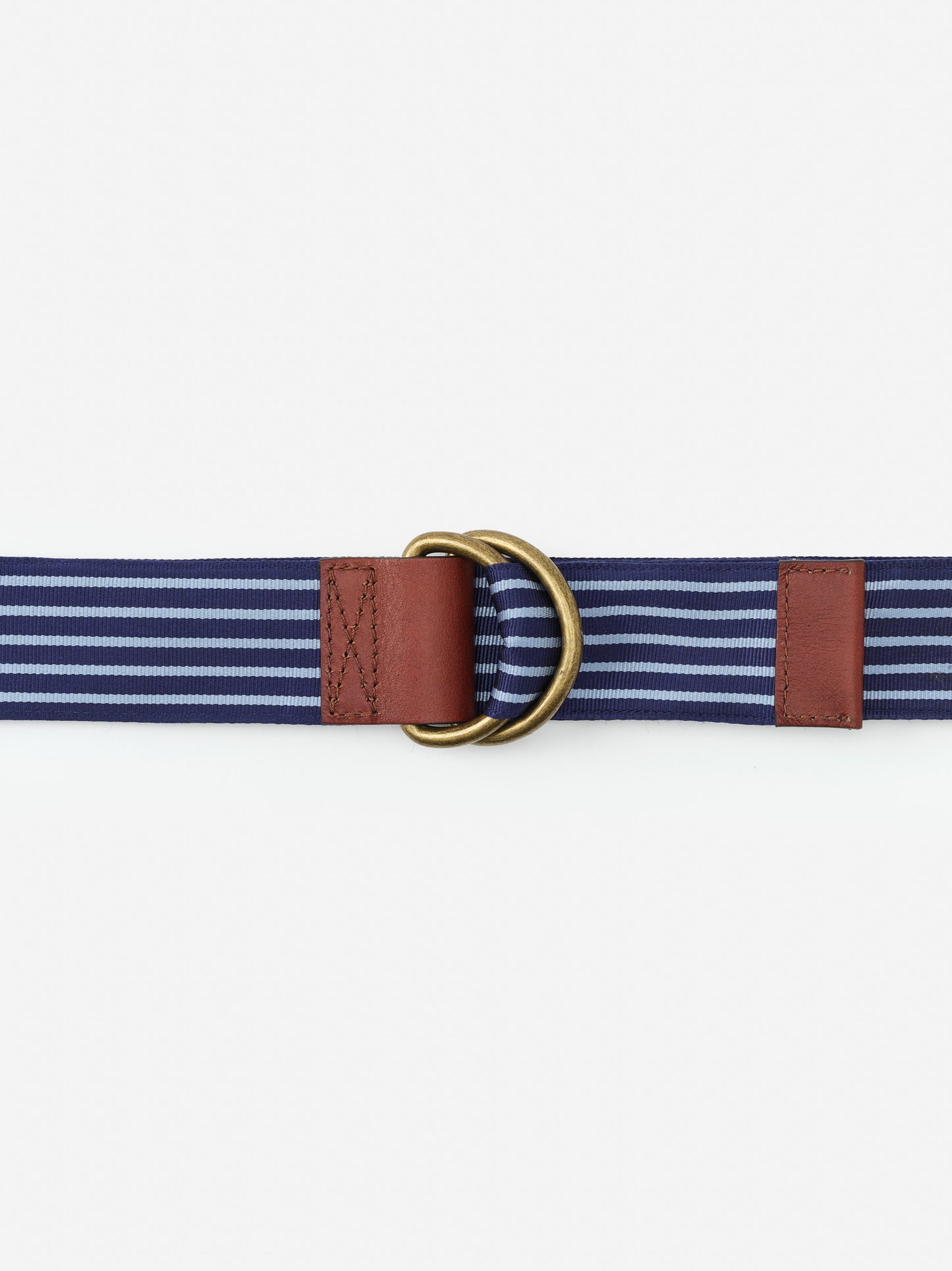 Ribbon Belt in Stripe by J.McLaughlin featuring navy and light blue stripes, brown leather accents, and brass hardware, showcasing effortlessly stylish, enduring designs.