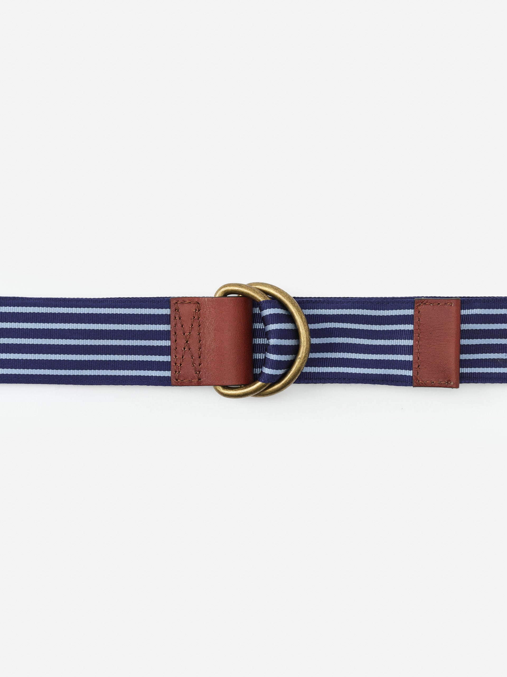 Ribbon Belt in Stripe by J.McLaughlin featuring navy and light blue stripes, brown leather accents, and brass hardware, showcasing effortlessly stylish, enduring designs.