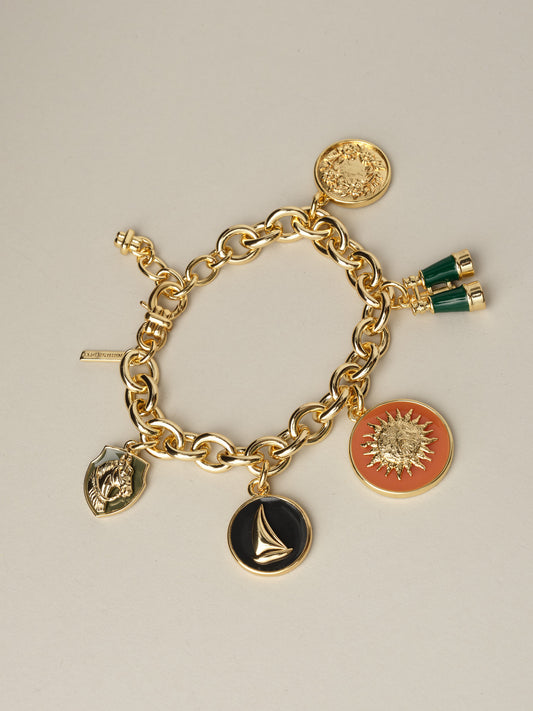 J.McLaughlin Charm Bracelet in 18k gold plated brass with nautical equestrian and sporting charms plus colorful semi precious stones