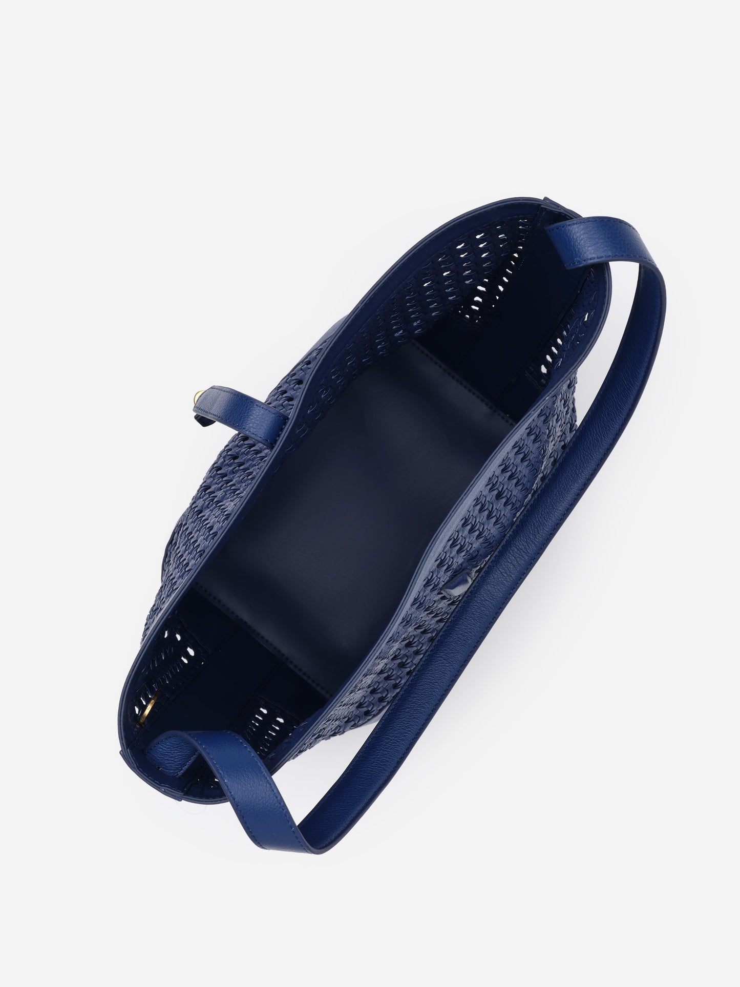 Overhead view of the Crawford Leather Handbag in deep blue by J.McLaughlin, featuring a spacious interior and woven leather design, embodying effortlessly stylish, enduring designs.