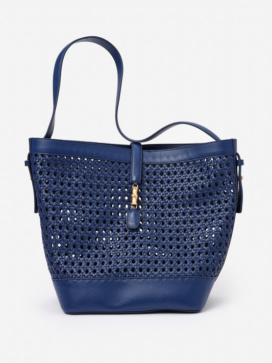Crawford Leather Handbag by J.McLaughlin in navy blue, featuring a woven leather design with smooth leather trim; effortlessly stylish and enduring designs for a legacy of timeless fashion.
