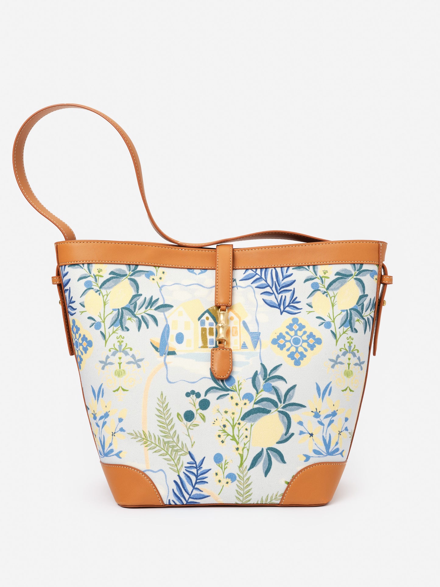 Crawford Handbag in Amalfi Coast by J.McLaughlin features a floral and seaside print with tan leather accents, embodying effortlessly stylish, enduring designs in bags at a destination for defining style. Life, Well-Lived.