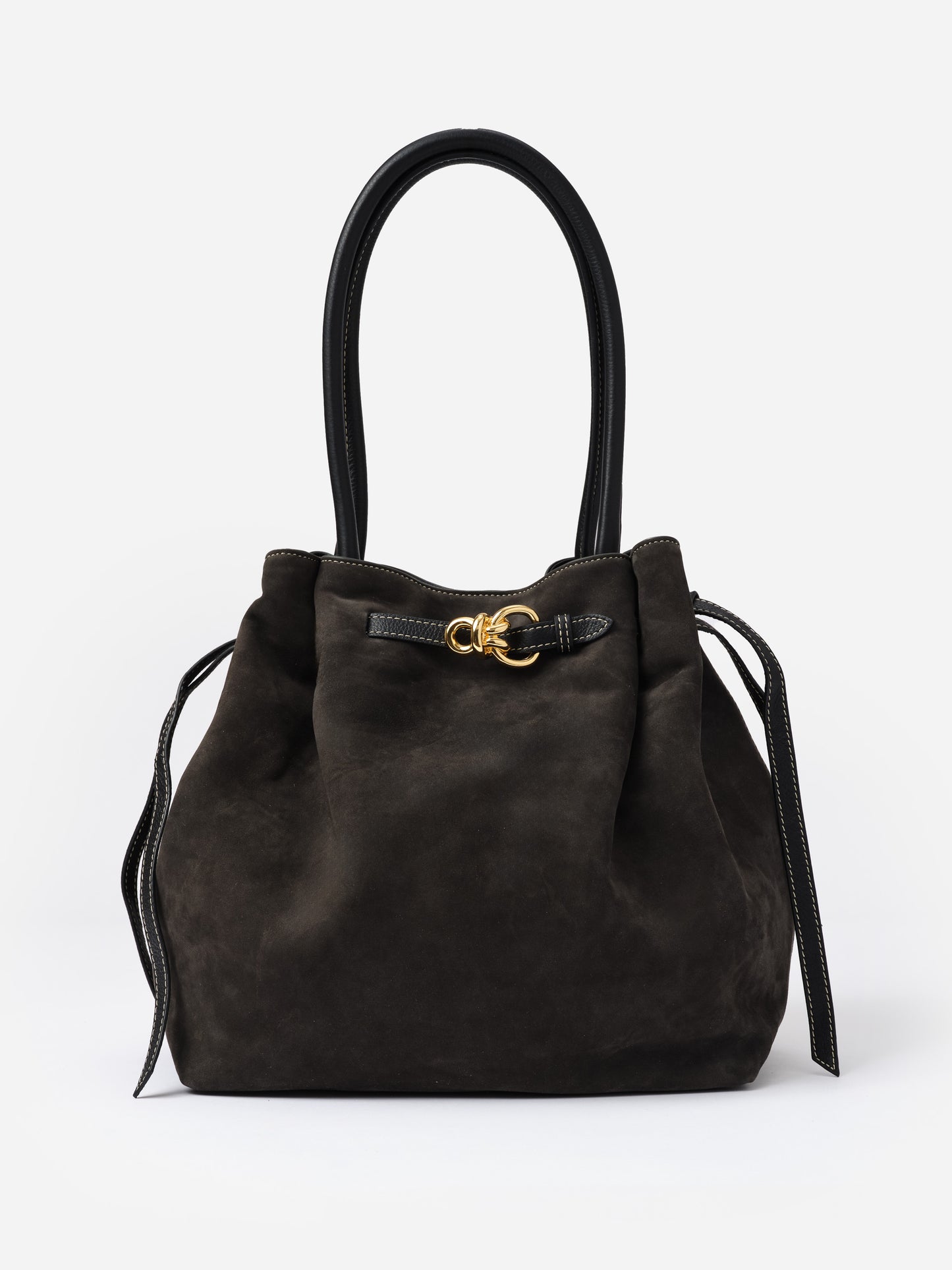 The Lex Suede Tote Bag by J.McLaughlin in dark suede with black leather handles and gold-tone clasp, showcasing effortlessly stylish design and enduring quality.