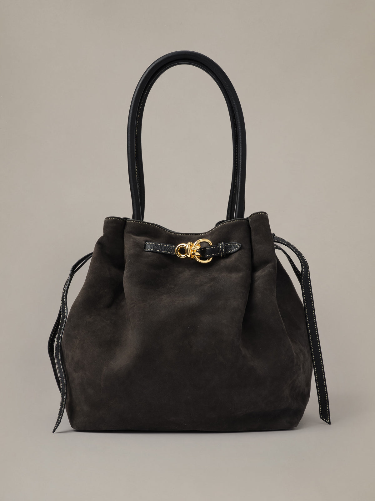 J.McLaughlin The Lex Suede Tote Bag in dark suede with top handles and gold clasp hardware for effortlessly stylish everyday carrying