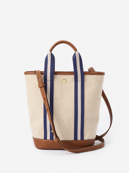 Emery Canvas Mini Tote by J.McLaughlin featuring a timeless woven canvas design with leather accents and striped handles, effortlessly stylish bag blending enduring designs and innovative fabrics.