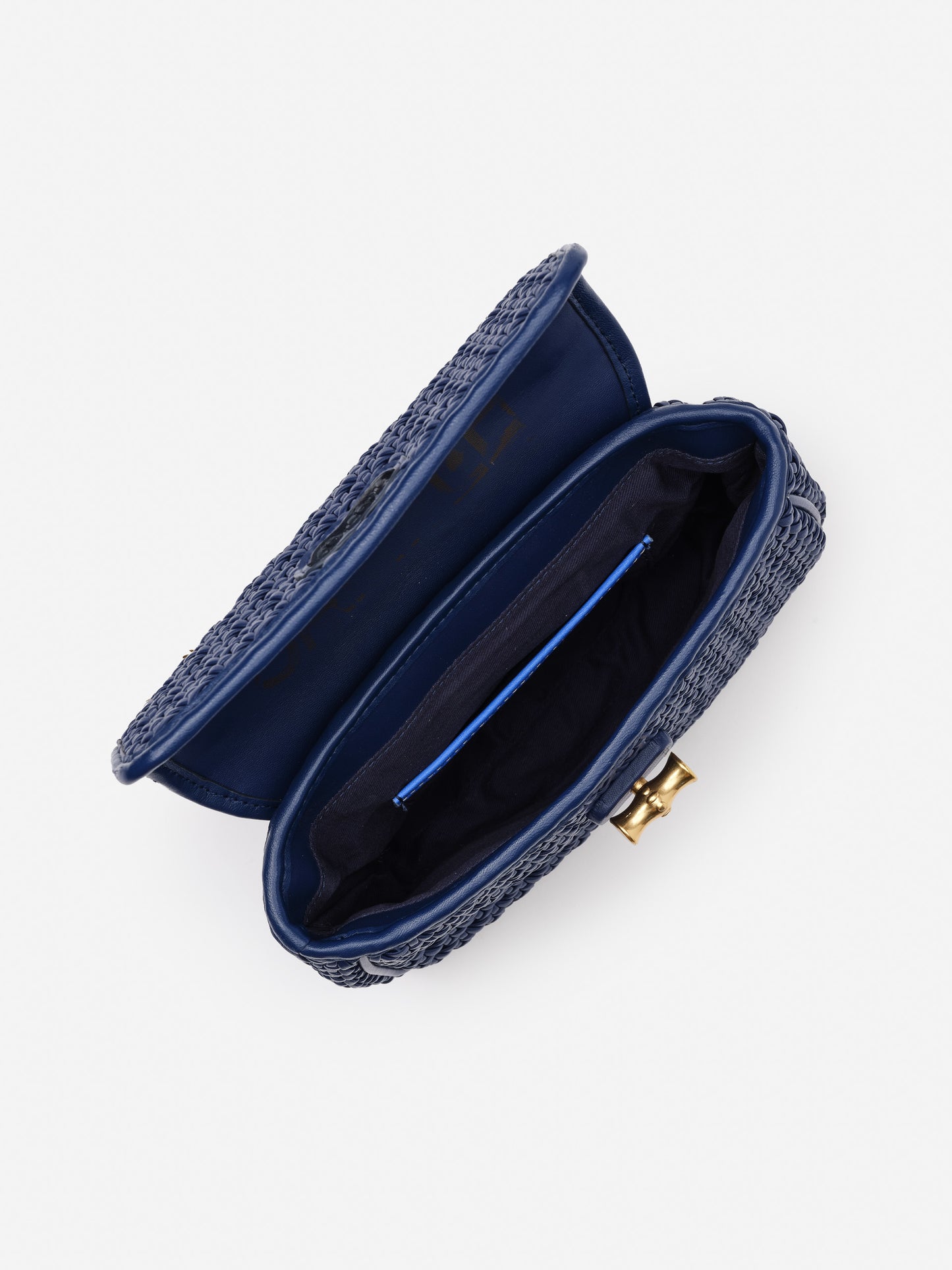 Open top view of a navy Waverly Leather Handbag by J.McLaughlin featuring intricate craftsmanship and an interior zip pocket, embodying effortlessly stylish and enduring designs.