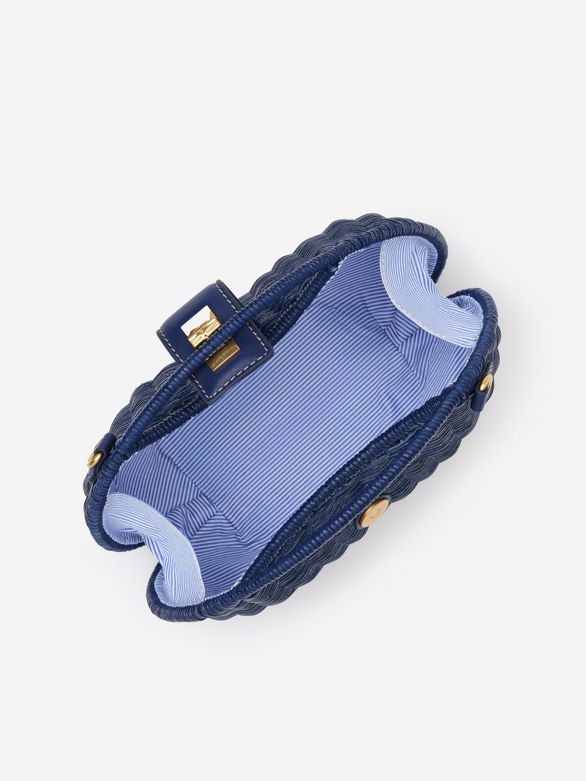 Iris Wicker Handbag by J.McLaughlin featuring a blue woven design with a striped interior lining and gold-tone hardware, showcasing effortlessly stylish, enduring designs.