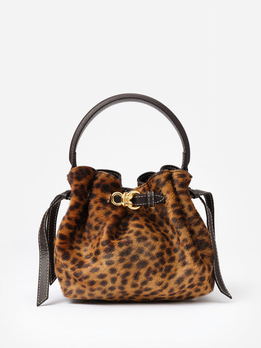 The Mini Lex Pony Hair Handbag in Leopard featuring a compact leopard print design with dark leather handle and gold-tone hardware by J.McLaughlin, perfect for stylish everyday use.