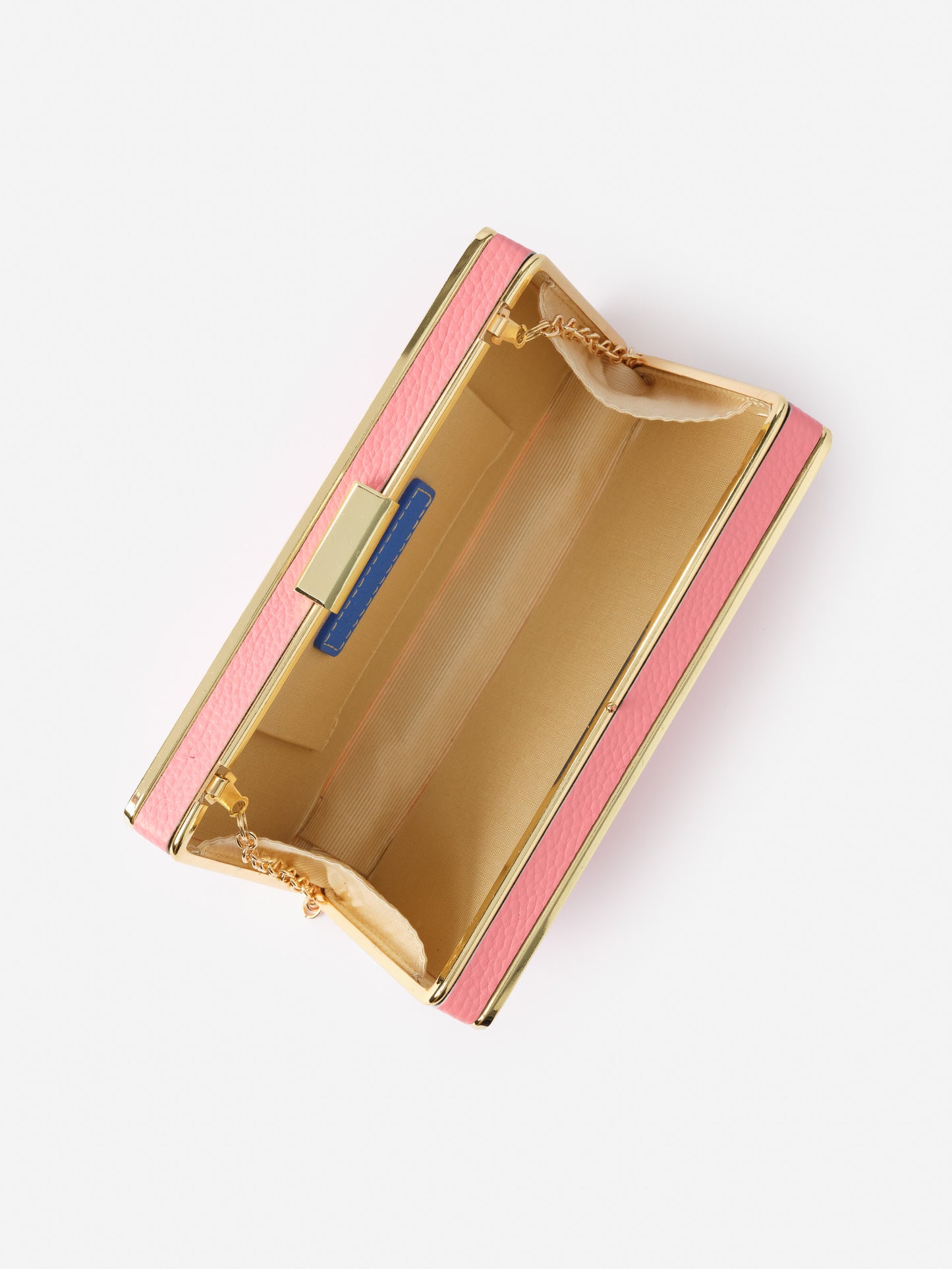 Open pink and gold evening bag showcasing a sleek interior design with a delicate chain strap, exemplifying J.McLaughlin's legacy of timeless fashion and enduring designs in the Audra Acrylic Clutch.