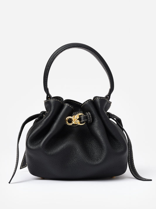 The Mini Lex Leather Handbag by J.McLaughlin in black leather features a compact, stylish design with gold-tone hardware and a top handle for versatile carry options.